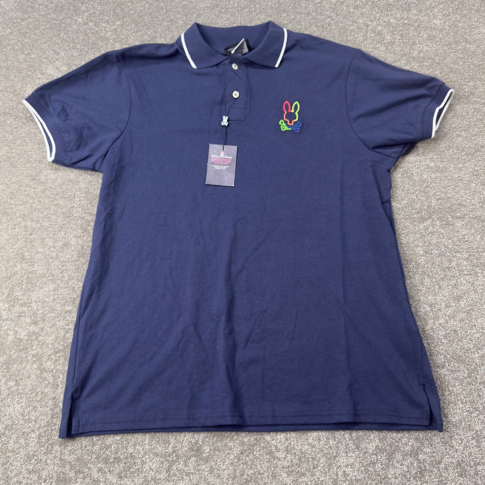 Psycho Bunny Polo Shirt Mens 7 Navy Blue Neon Embroidered Logo Tipped Pique Tee